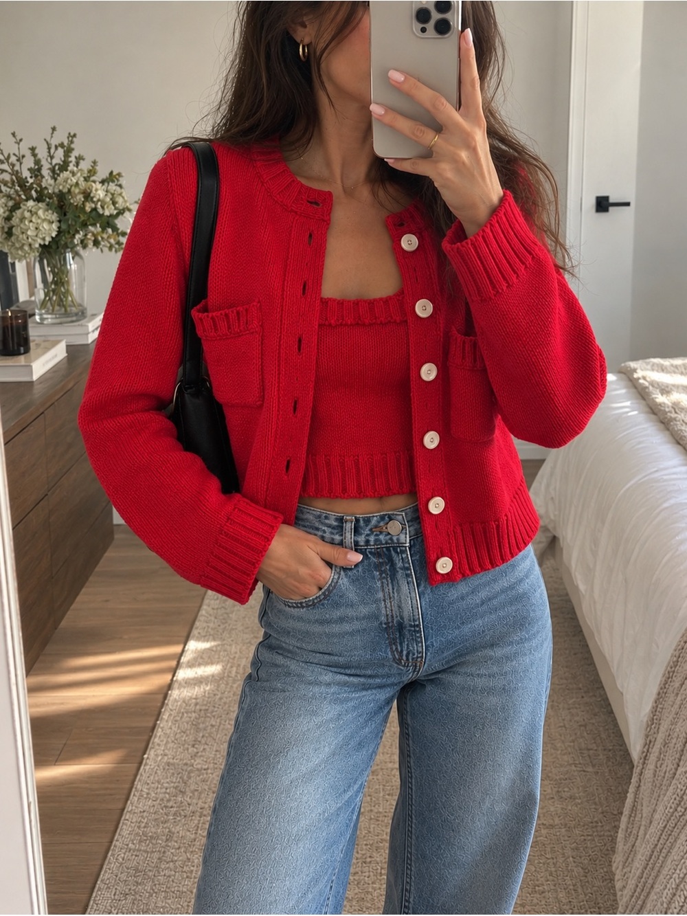 Zara Bright Red Cropped Knit Cardigan Set